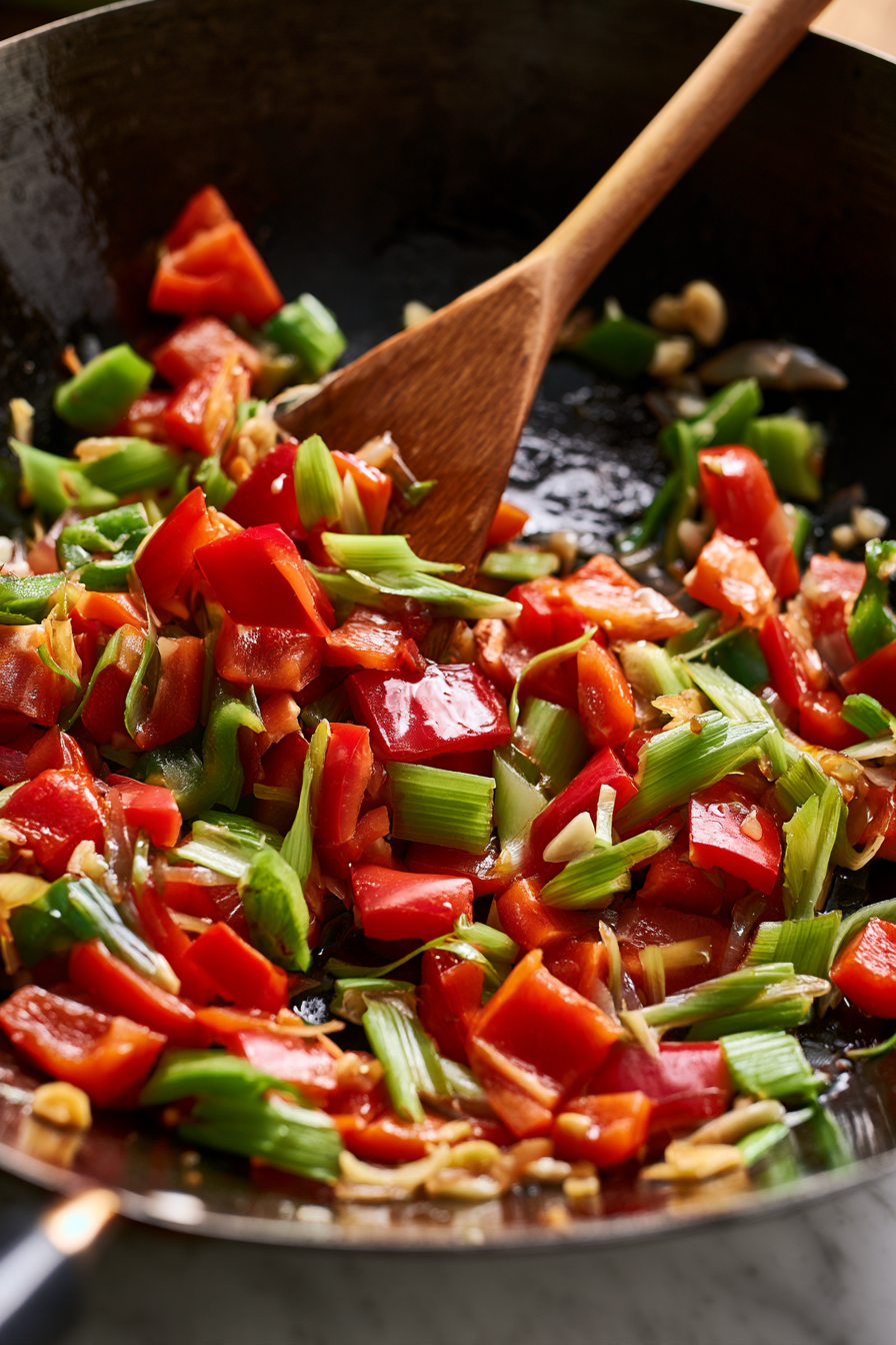 Toss in bell peppers and celery, stir-fry briefly