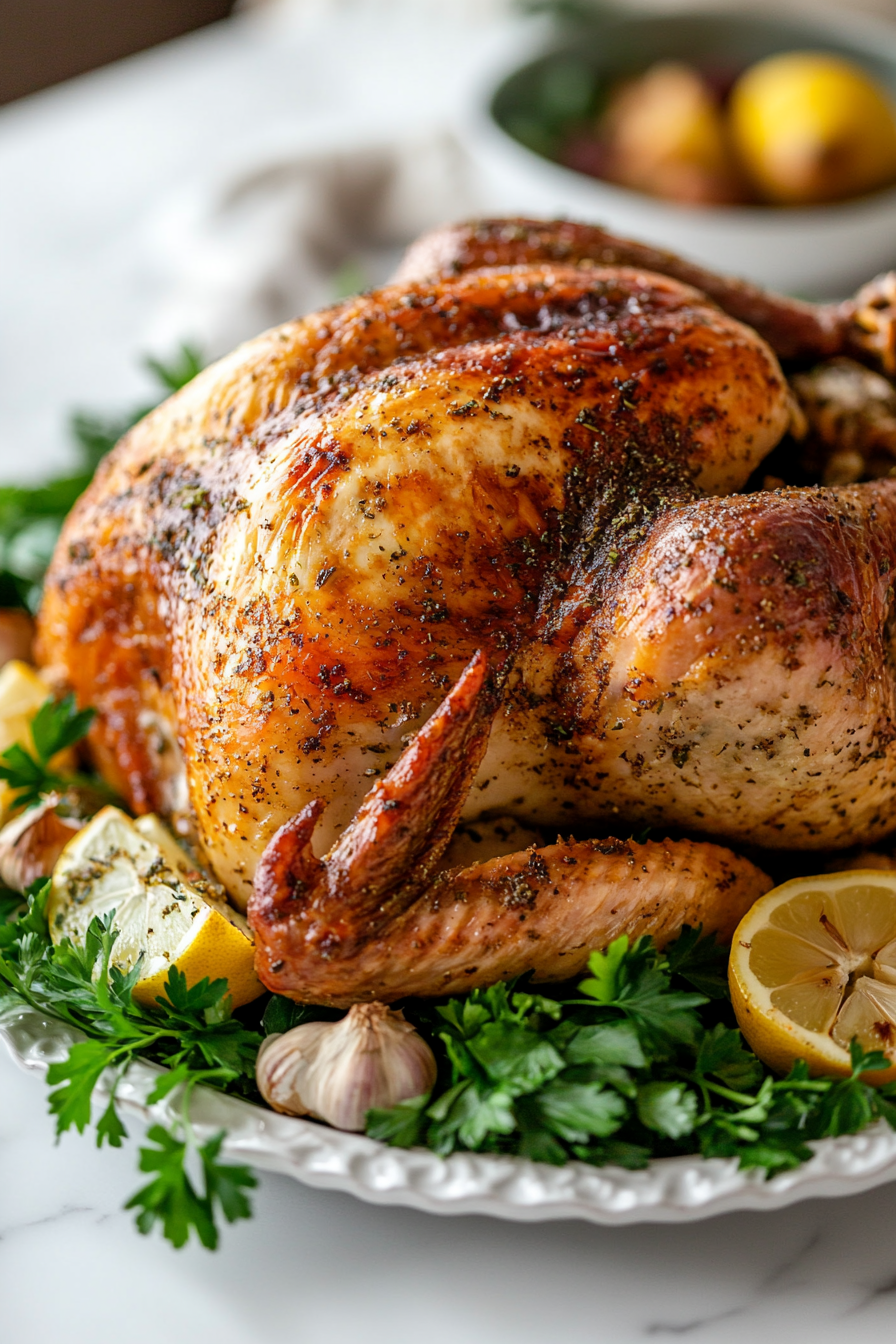 Turkey is done when internal temp reaches 165°F (74°C). Let it rest 20–30 minutes before carving