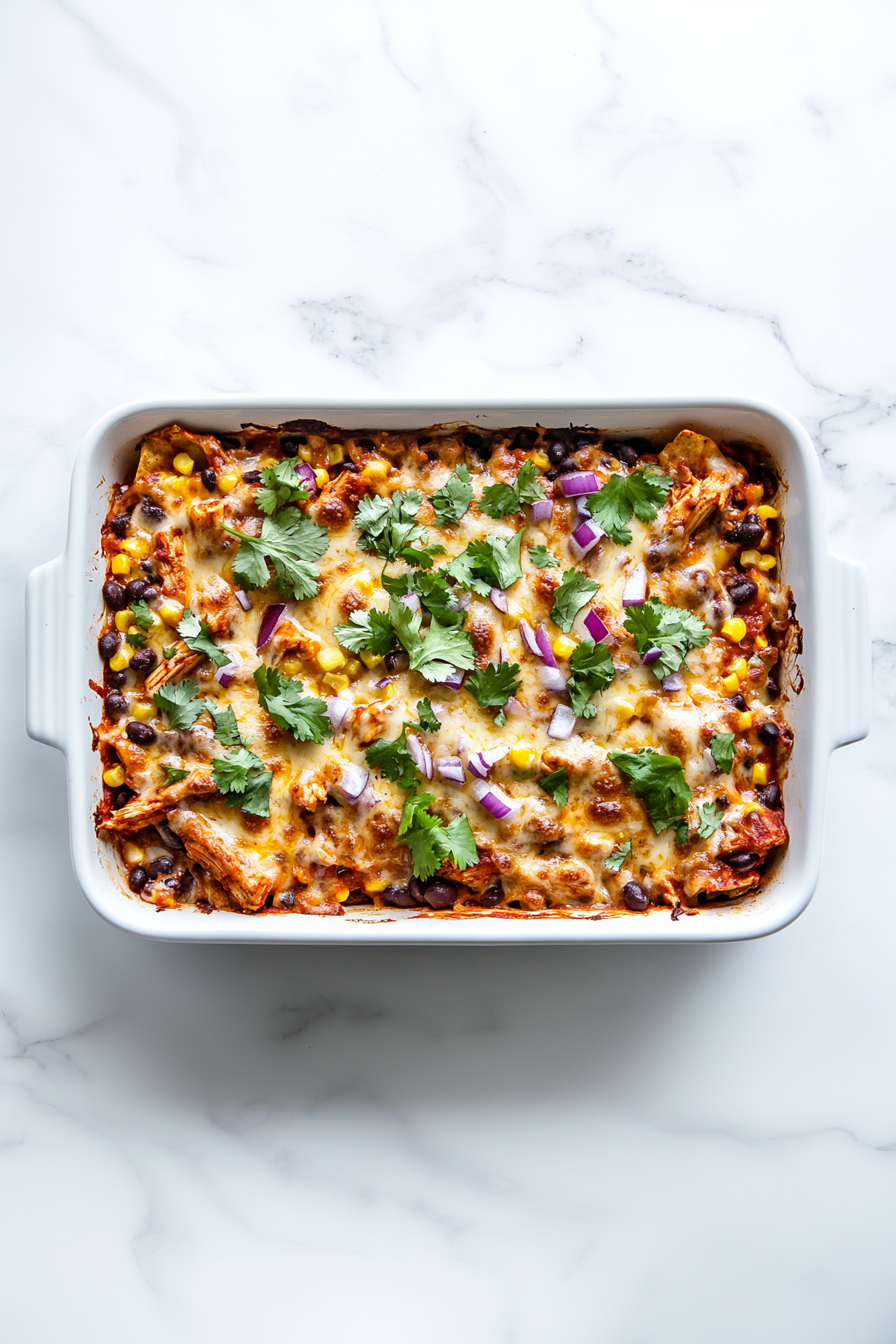 A top-down view of fully baked BBQ chicken nachos served on a white ceramic tray. The nachos are topped with golden melted smoked gouda cheese, juicy BBQ chicken, black beans, corn, chopped red onion, and fresh green cilantro. Everything sits over a bed of crispy tortilla chips, placed on a clean white marble countertop for a fresh and inviting look.