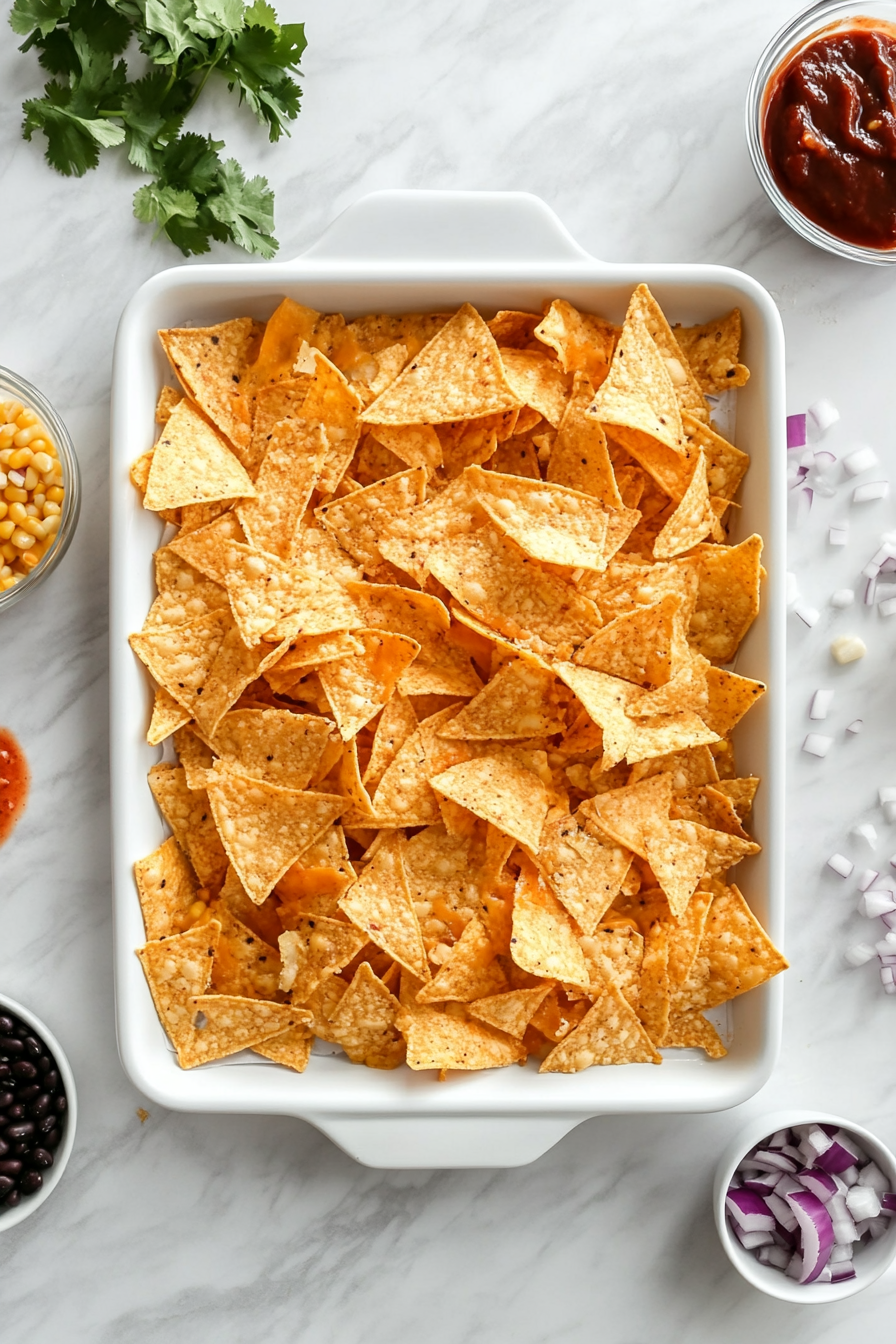 A top-down view of tortilla chips being spread in a single layer on a white baking sheet set over a white marble countertop. The chips form the crunchy base for the nachos. Around the scene are ingredients like shredded smoked gouda, black beans, BBQ sauce, and chopped red onion, ready for the next flavorful layers.