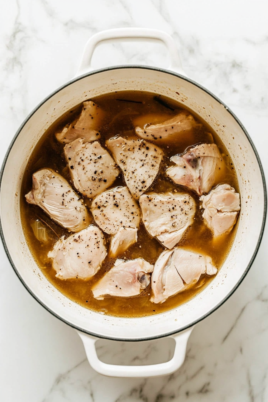 Add sliced chicken thighs or breasts, season with salt and pepper, and simmer until cooked through.