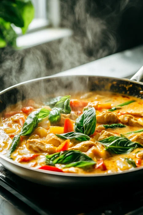 Add Thai basil leaves and cornflour slurry