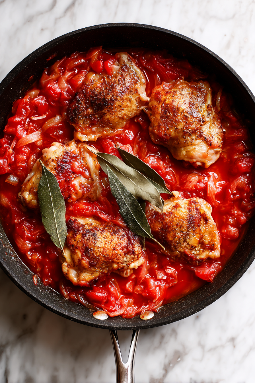 Add crushed tomatoes, bay leaves, and a splash of water.