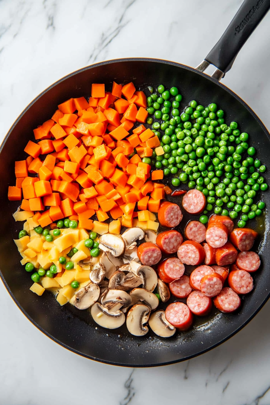 Mix in carrots, green peas, mushrooms, sausages, and milk. Simmer until cooked.