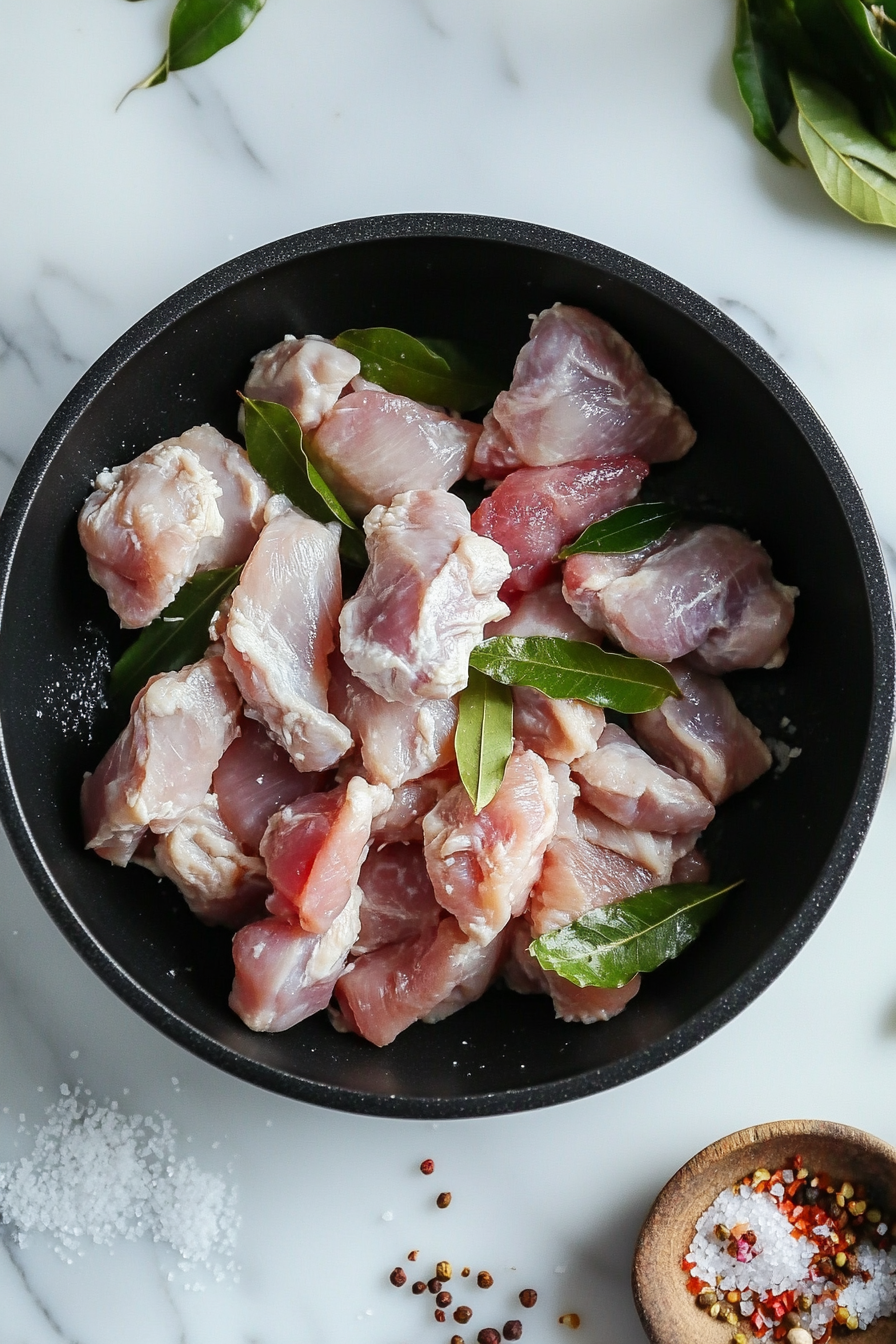 Add chicken pieces, salt, and sugar. Cook till slightly browned.