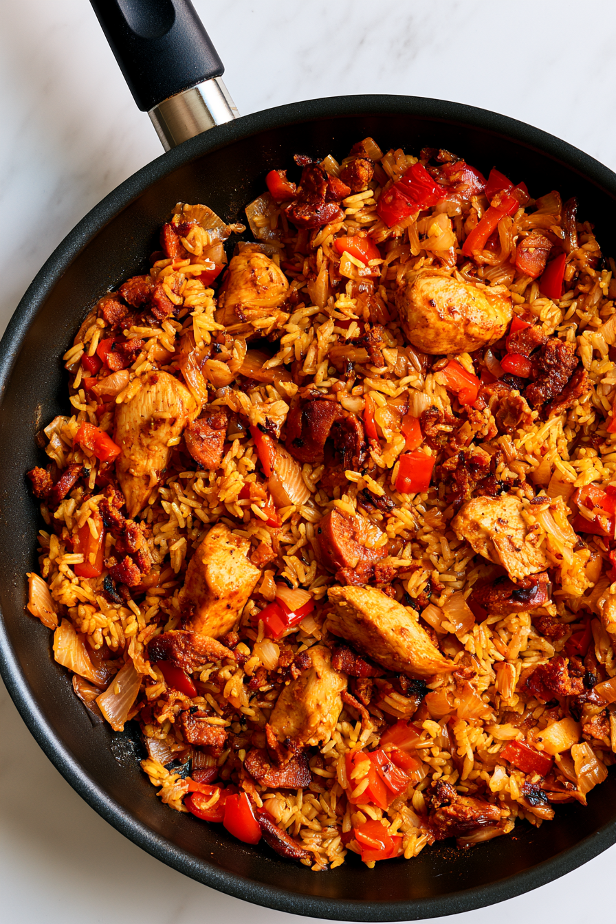 Add marinated chicken and chorizo to the rice mixture. Cook until chicken is browned