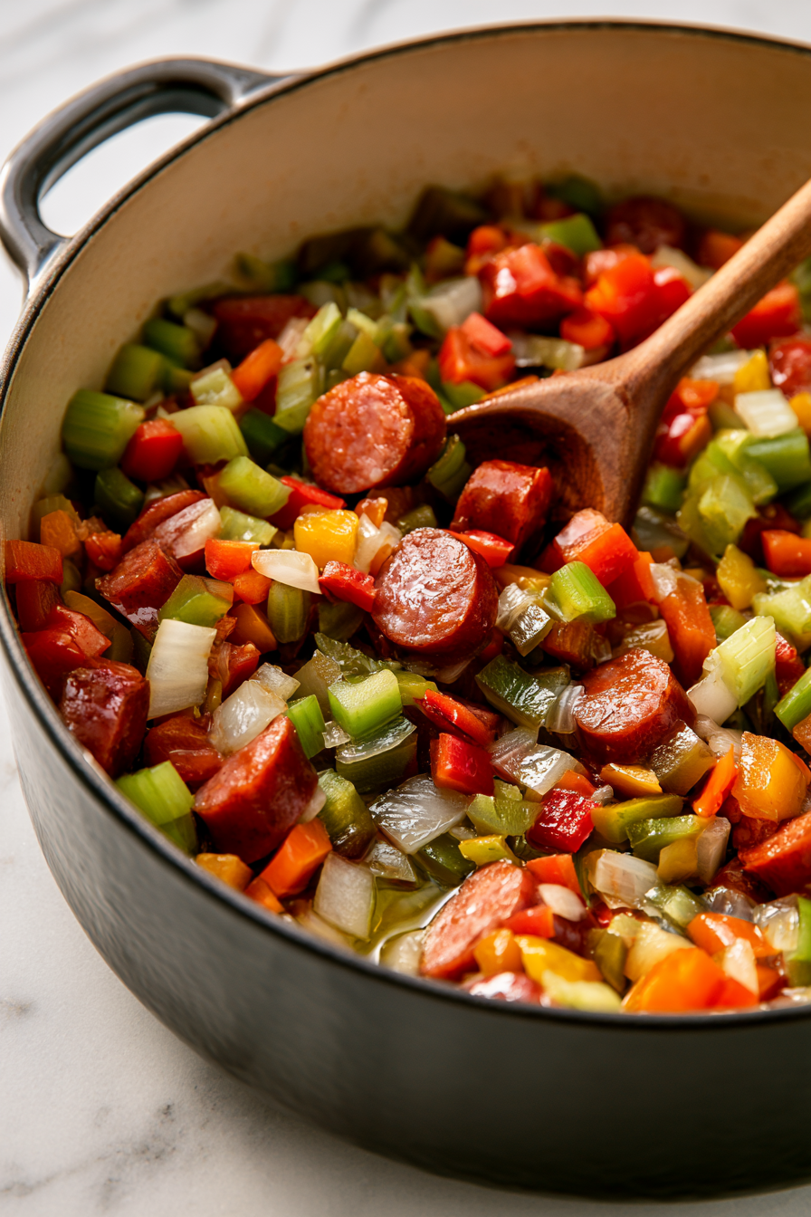 Add remaining oil, then sauté onion, celery, and bell peppers until soft