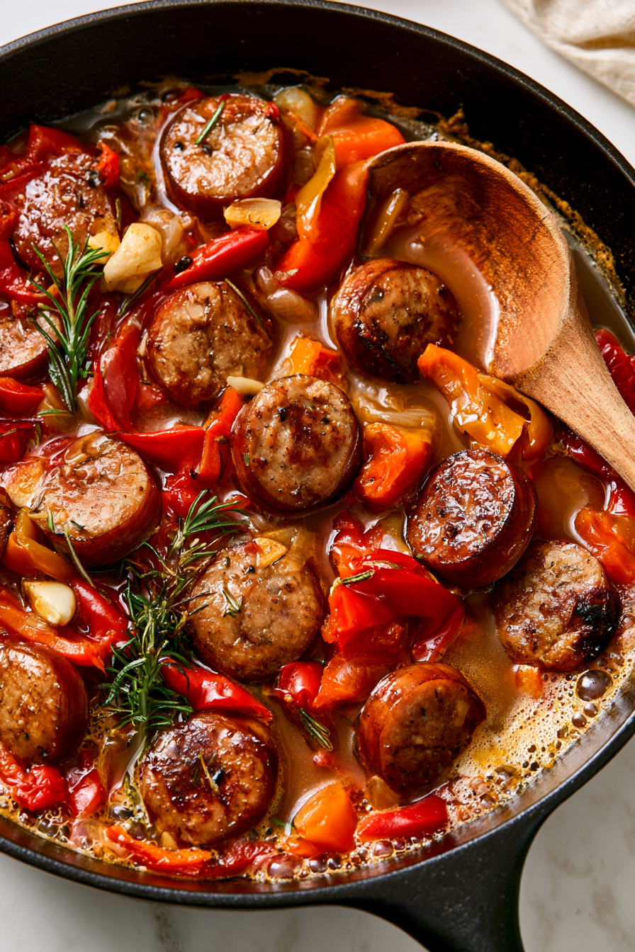 Add the chicken broth, 2 tbsp pepper brine (vinegar), and dried oregano. Bring to a simmer