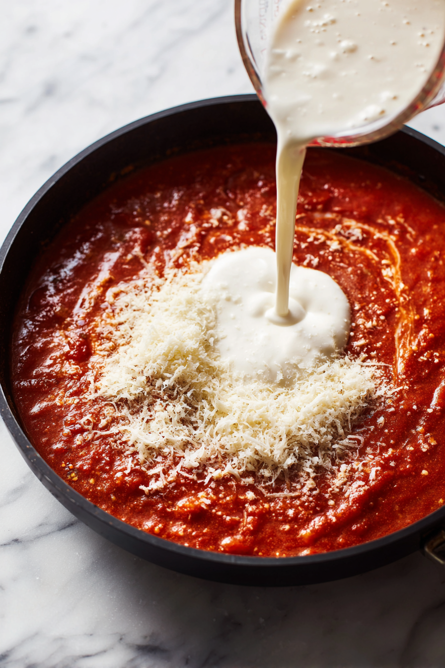 Simmer sauce for 10 minutes, then add cream and Parmesan.