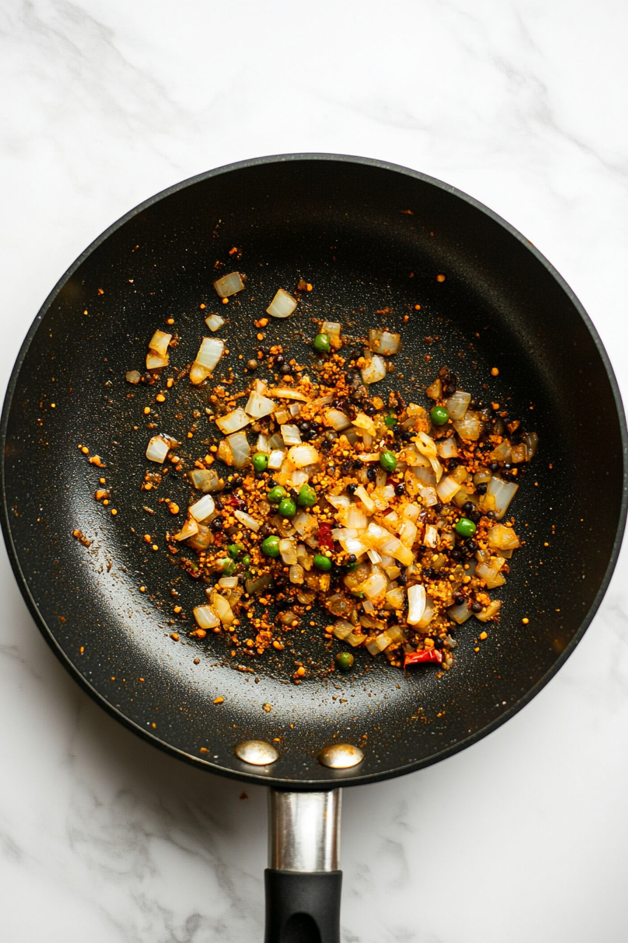 Stir in green chilies and all ground spices. Cook for 2 minutes.