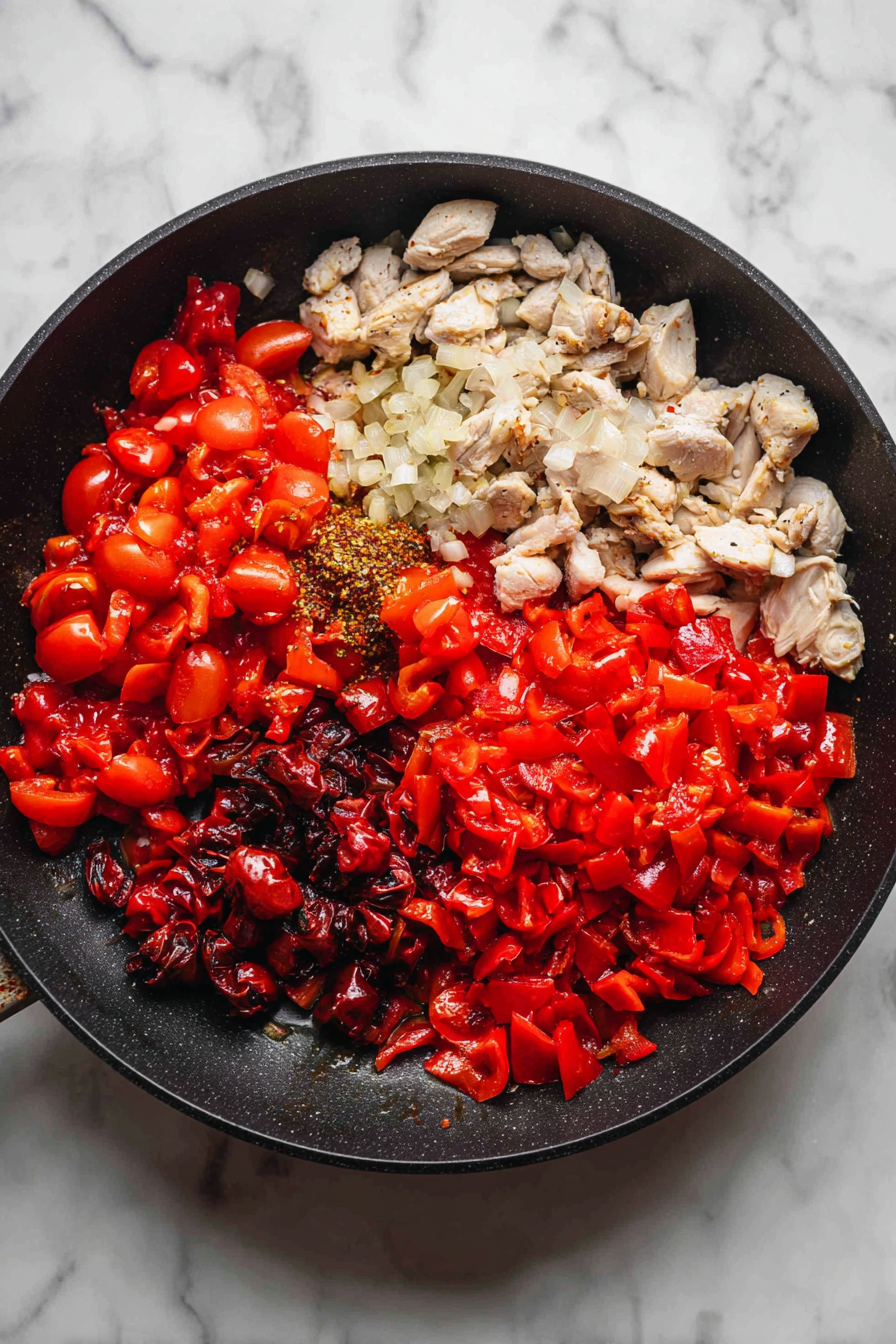 Stir in crushed tomatoes, roasted red peppers, and hot cherry peppers.