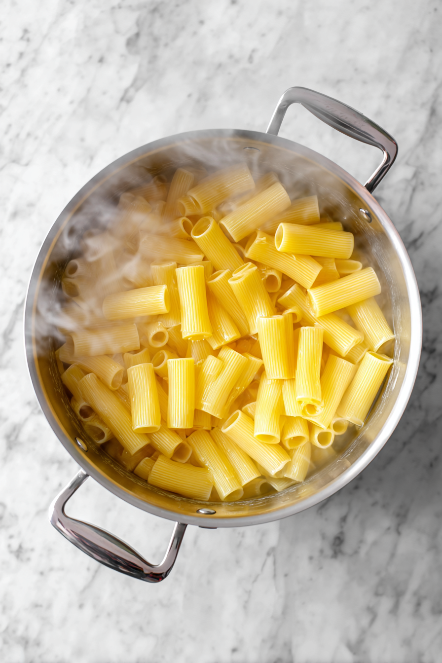 Boil rigatoni until al dente, then drain and set aside.
