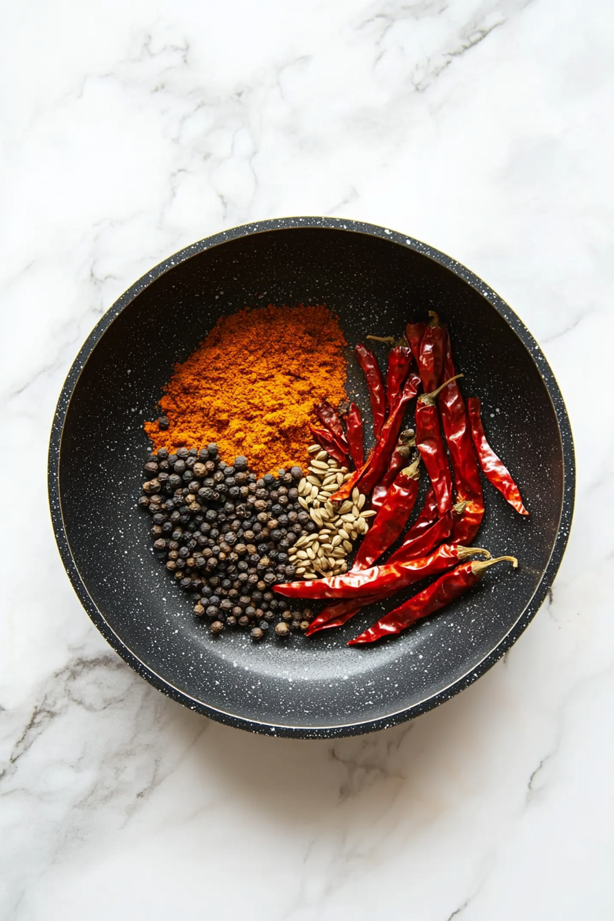 Dry roast the red chillies, peppercorns, coriander, cumin, and fenugreek till aromatic. Let cool.