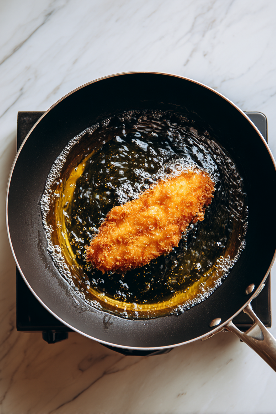 Gently place chicken into hot oil and fry for 6–8 minutes or until golden and crispy.