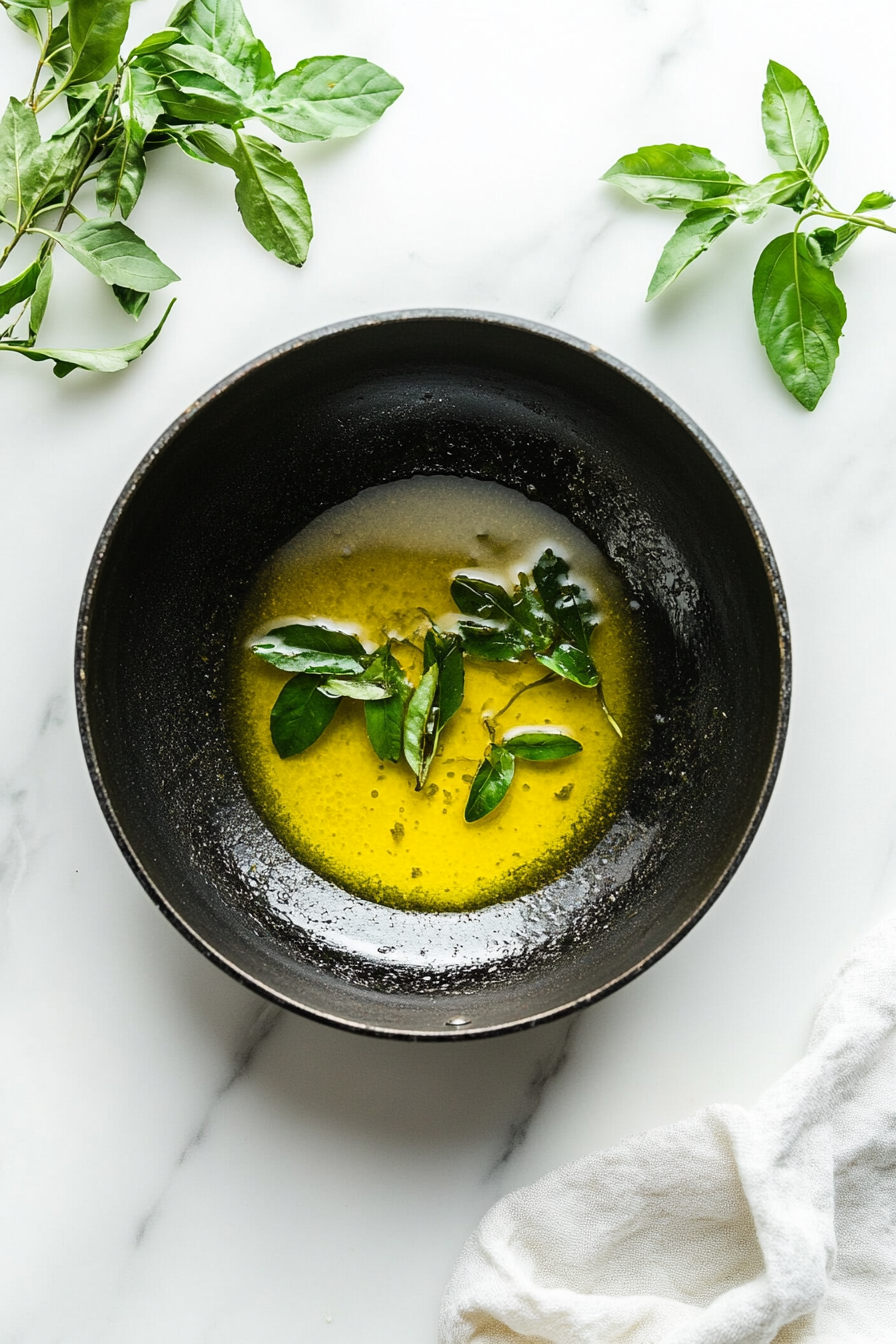 Heat ghee in a heavy pan and sauté curry leaves.