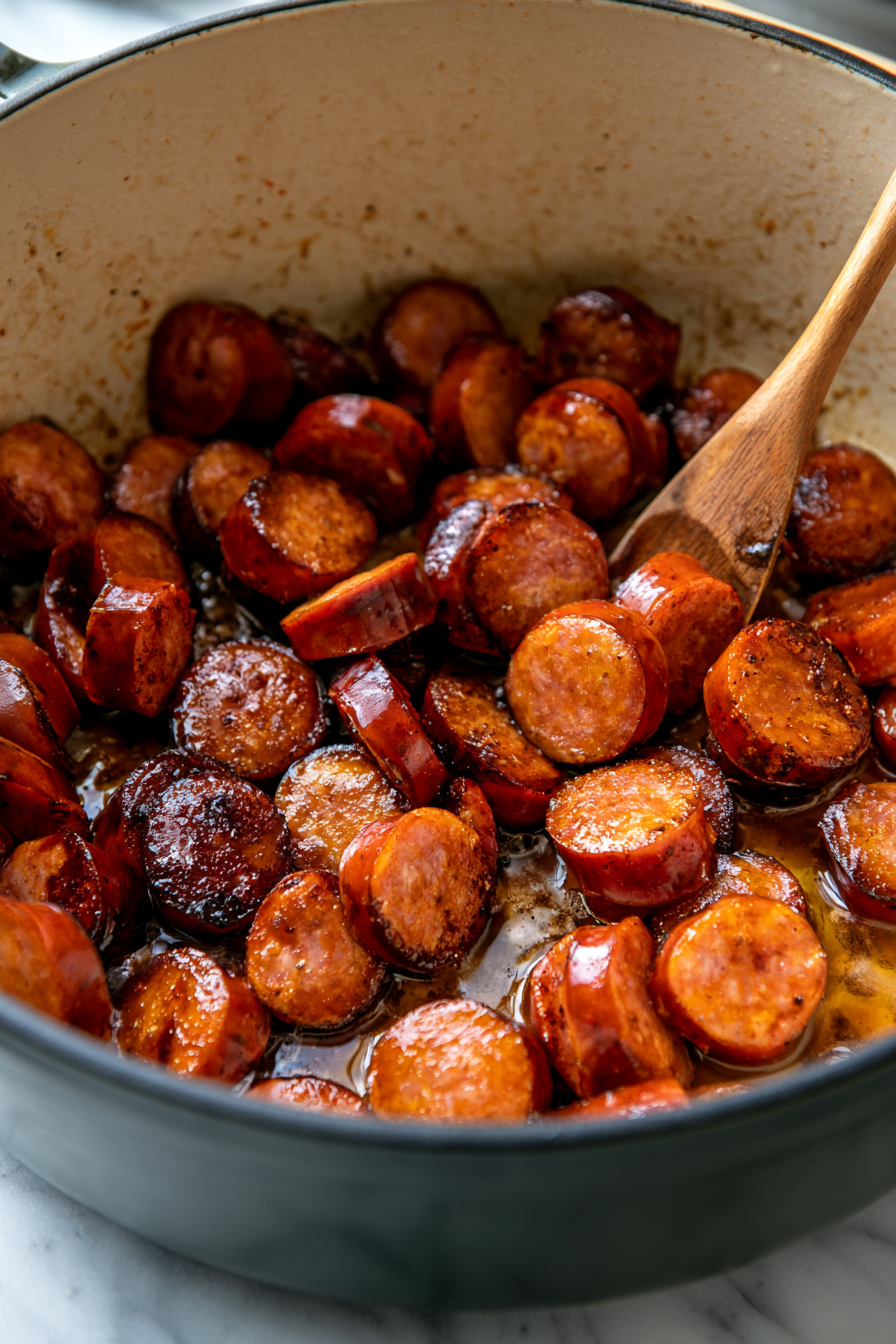 In the different pot, cook sausage slices until lightly crisped