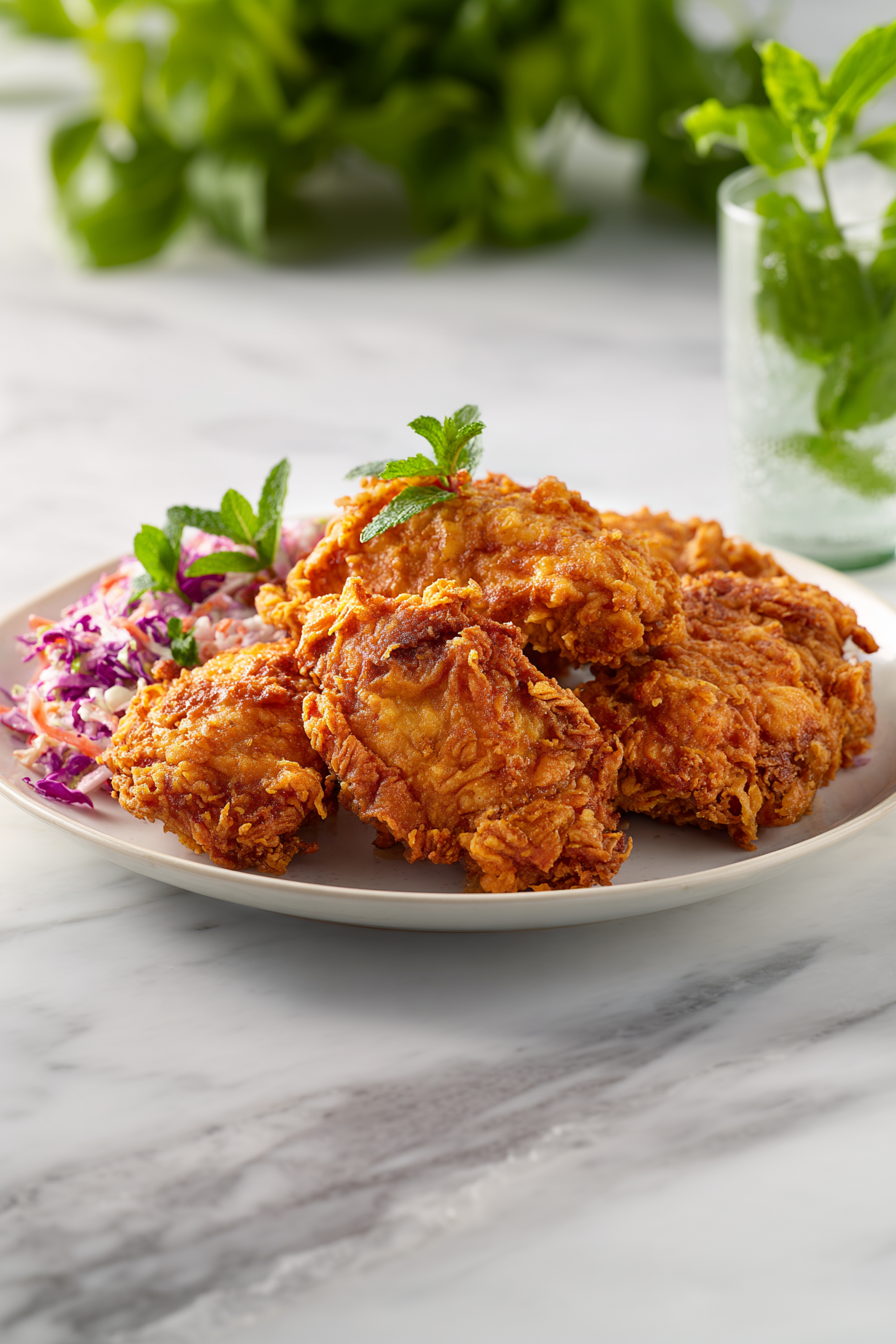Delicious KFC Chicken Recipe! Serve hot with Coleslaw and a chilled Mint Julep for a complete combo.