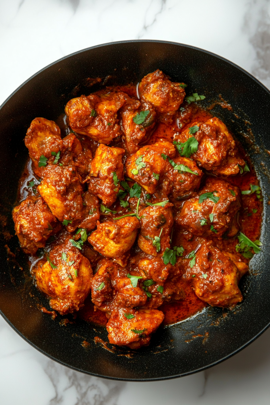 Mix in the masala paste and stir to coat the chicken evenly.