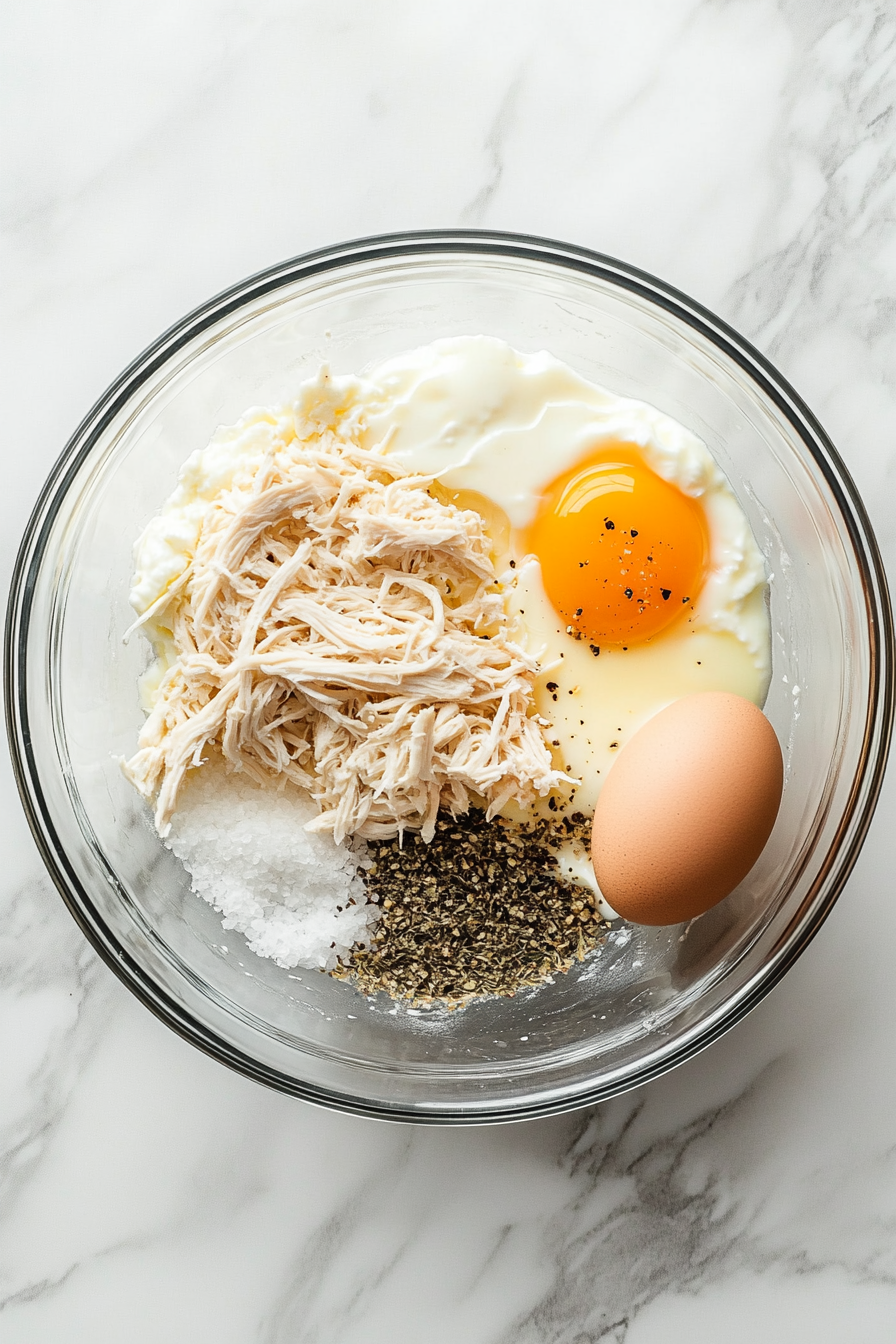 In a bowl, mix ricotta, shredded chicken, eggs, shredded parmesan, oregano, salt, and pepper.