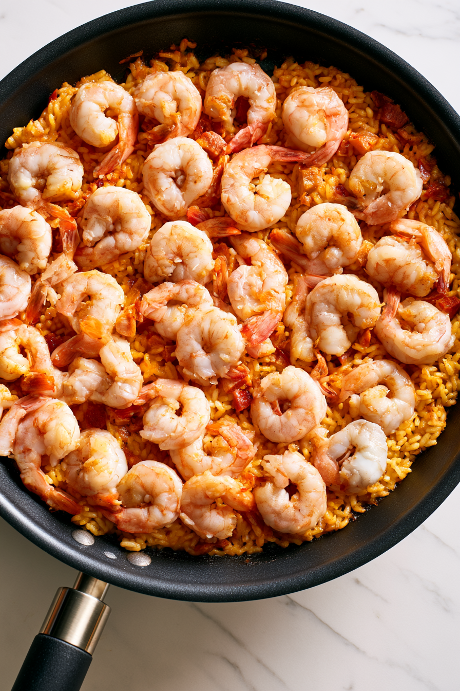 Place shrimp on top, cover, and cook until shrimp are pink and rice is tender.