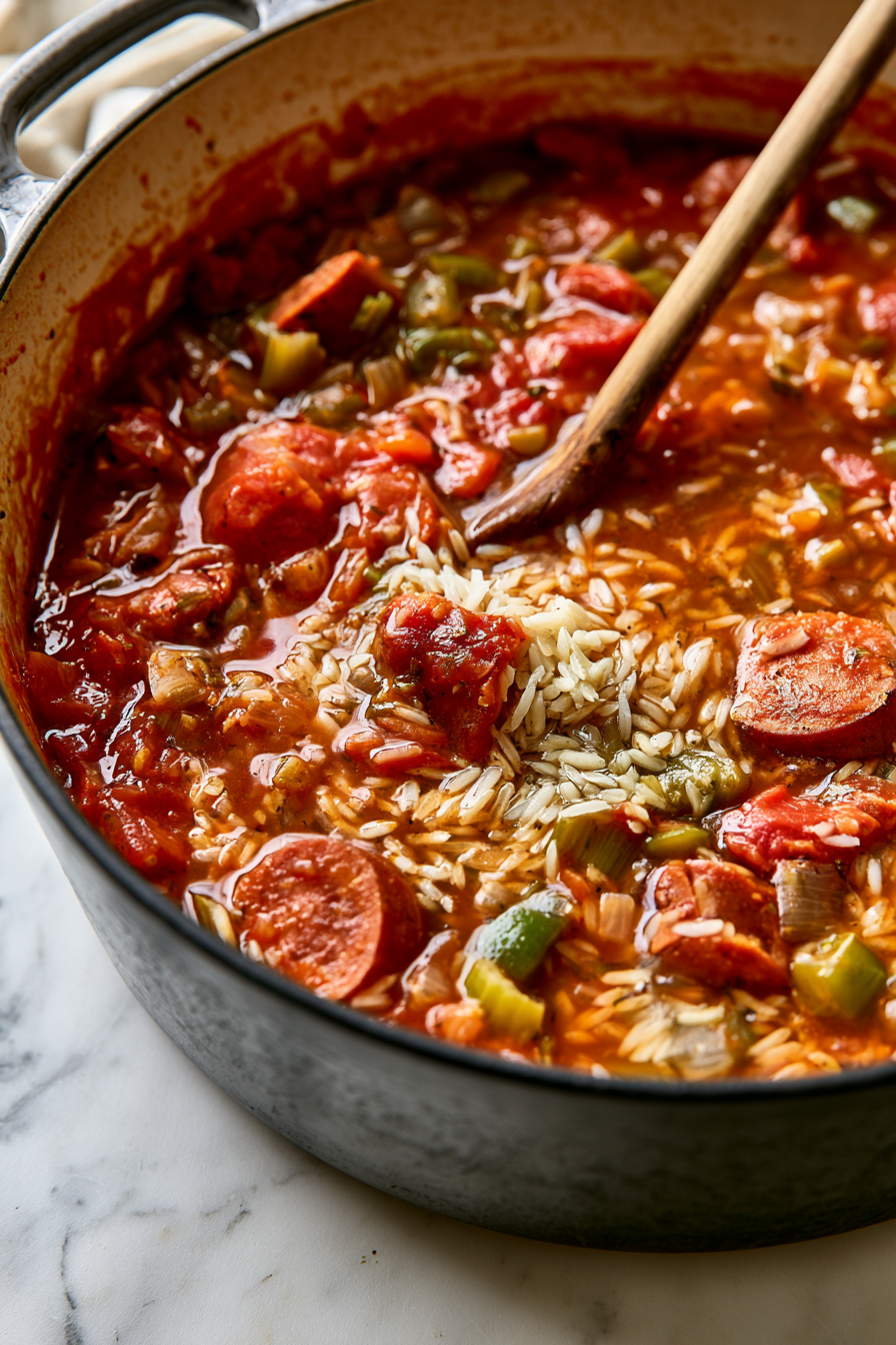 Pour in crushed tomatoes, chicken broth, and rice. Stir well