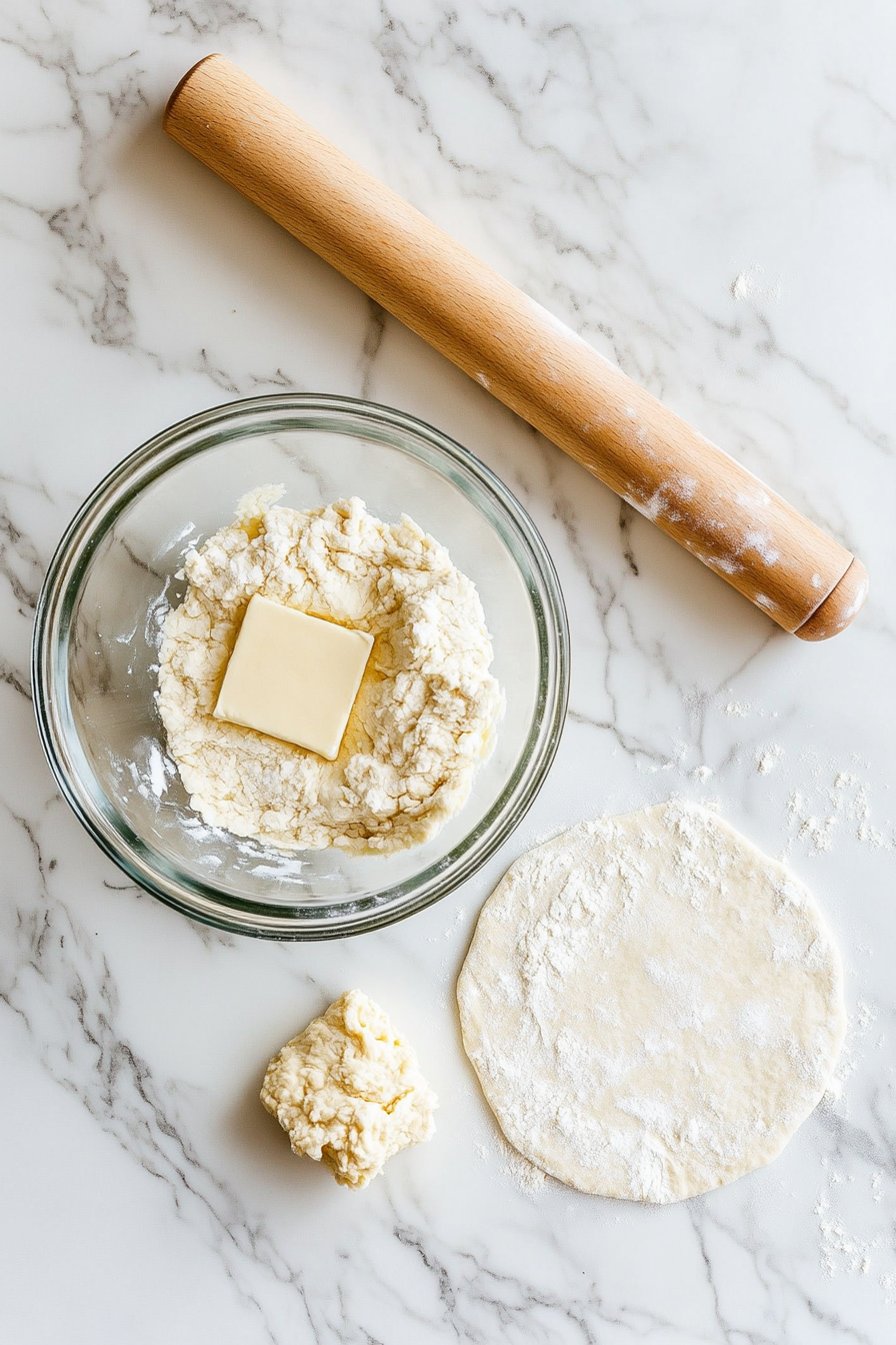 Prepare crust by combining flour, butter, shortening, and ice water. Chill.