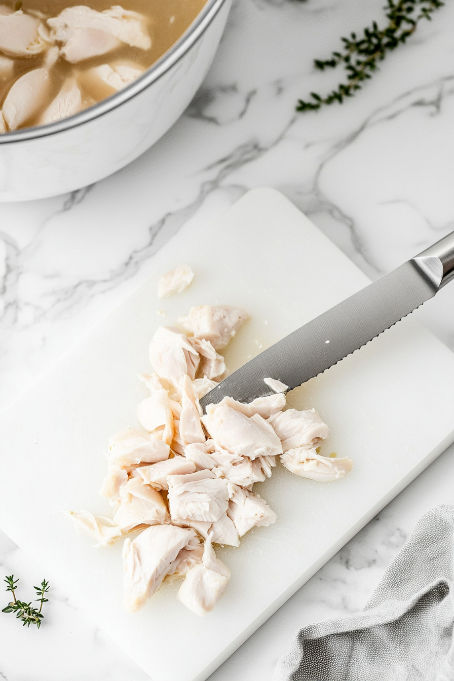 Once chicken is tender, remove it with tongs, slice if needed, and return to the broth.