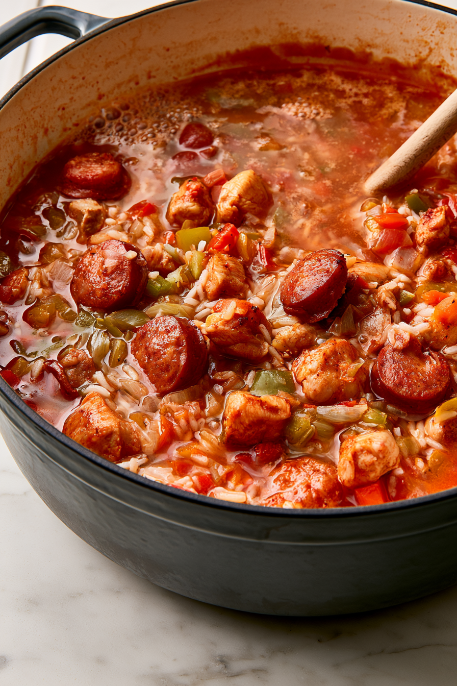 Return chicken and sausage to the pot, bring to a boil
