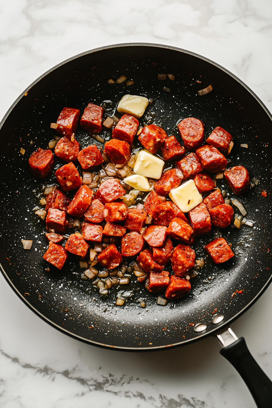 In a skillet, sauté chorizo, then add butter, garlic, and onion.