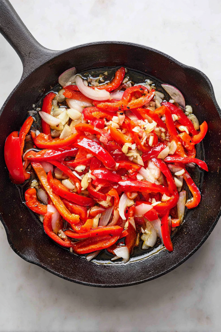 Sauté sliced onion, red bell pepper, and garlic in the remaining oil.