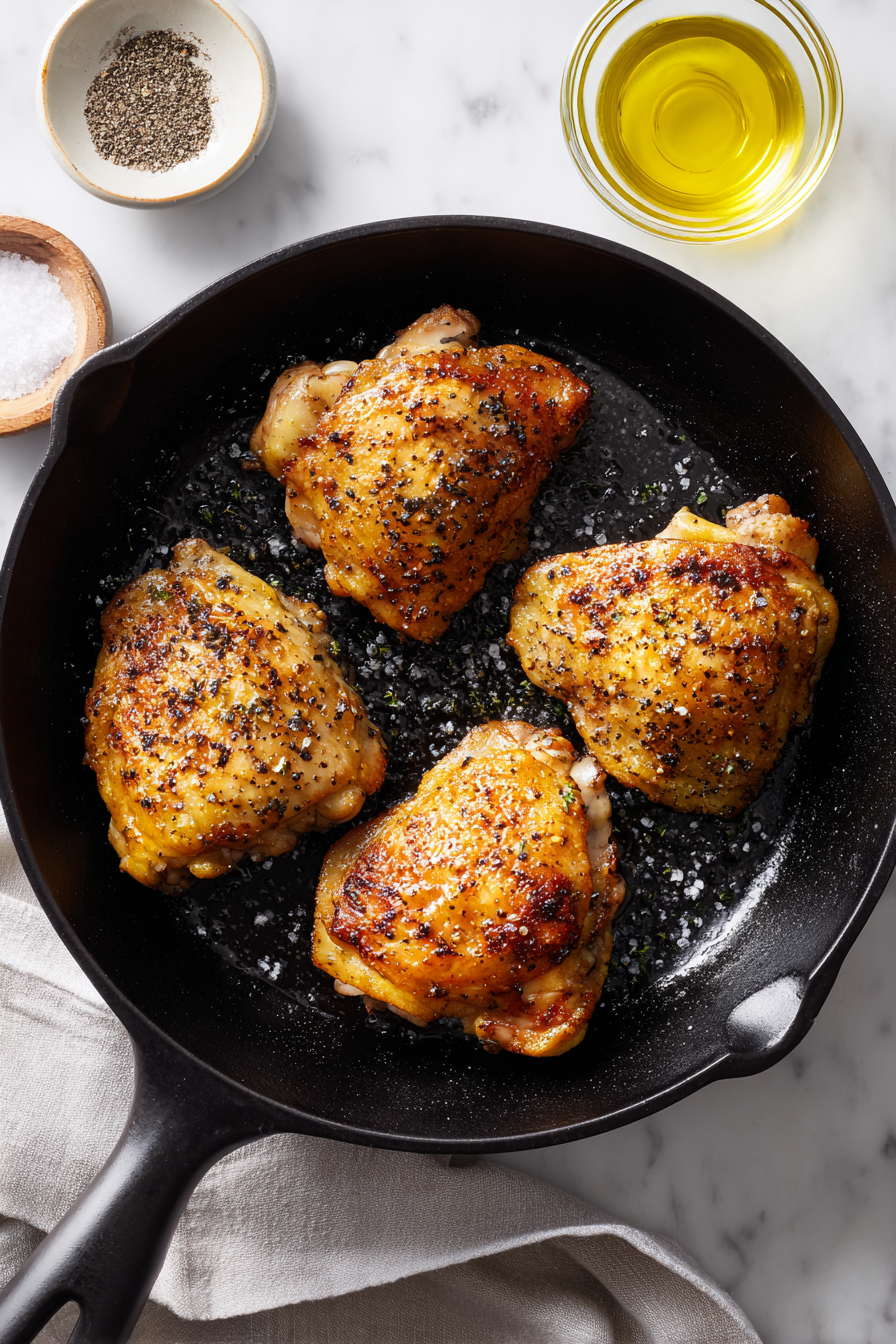 Season chicken thighs with salt and pepper. Sear in oil until golden on both sides; remove and set aside.