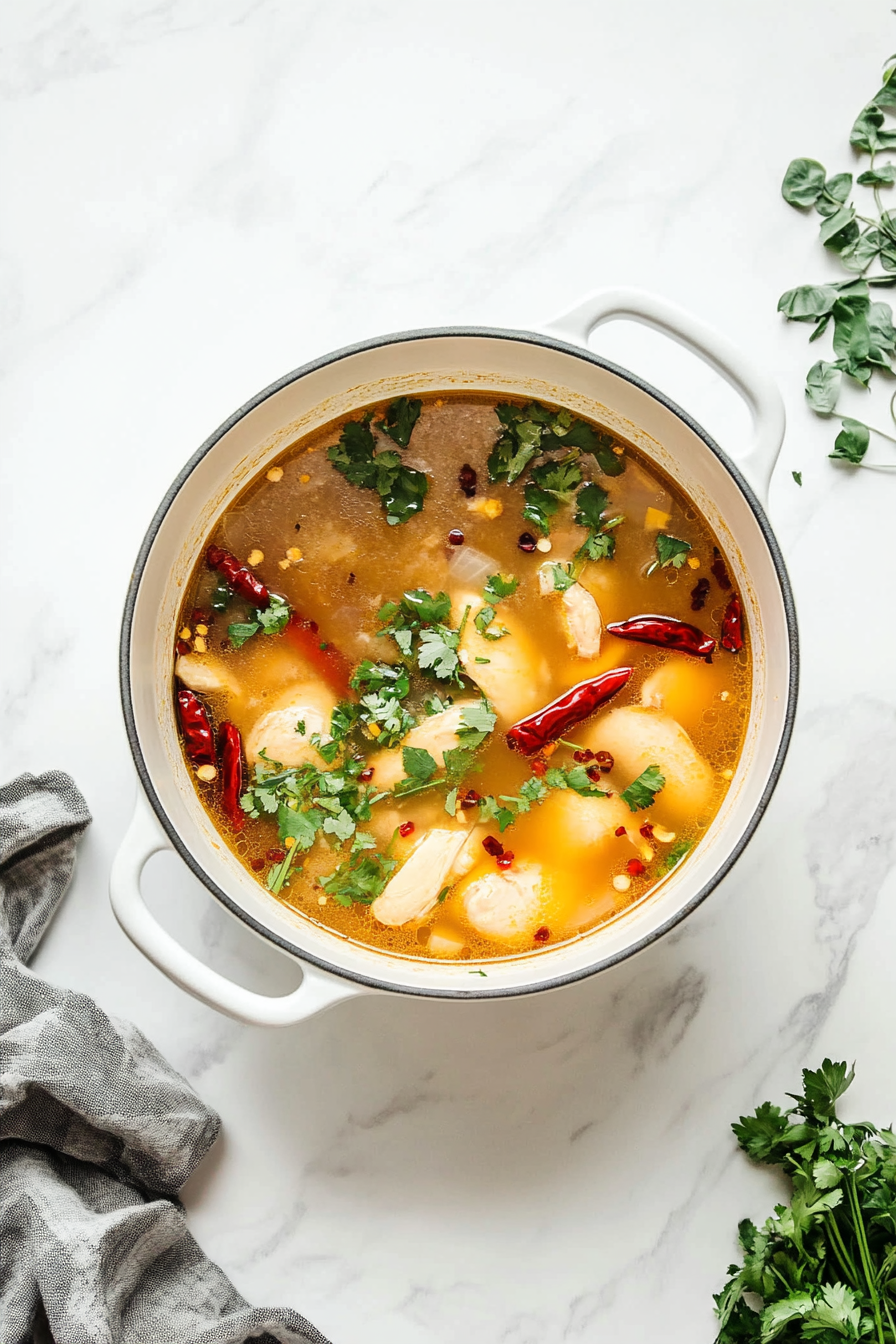 In a large pot, add chicken broth, ginger slices, red chilies, fish sauce, sugar, and bring to a gentle boil.