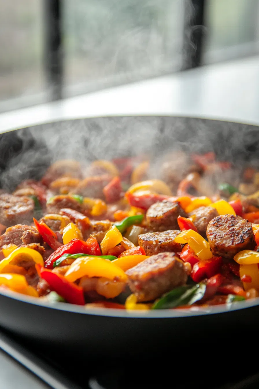 Stir in bell peppers and cherry peppers