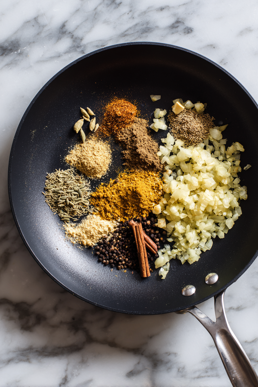Add cumin, turmeric, cardamom, cinnamon, cloves, nutmeg, salt, and pepper. Stir for 1 minute to toast the spices.