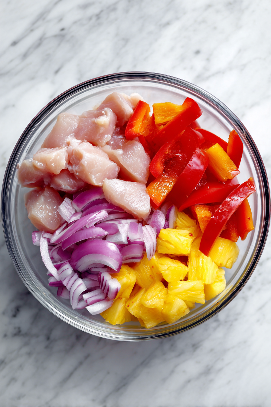 Add diced chicken, peppers, onion, and pineapple to the bowl and toss to coat.