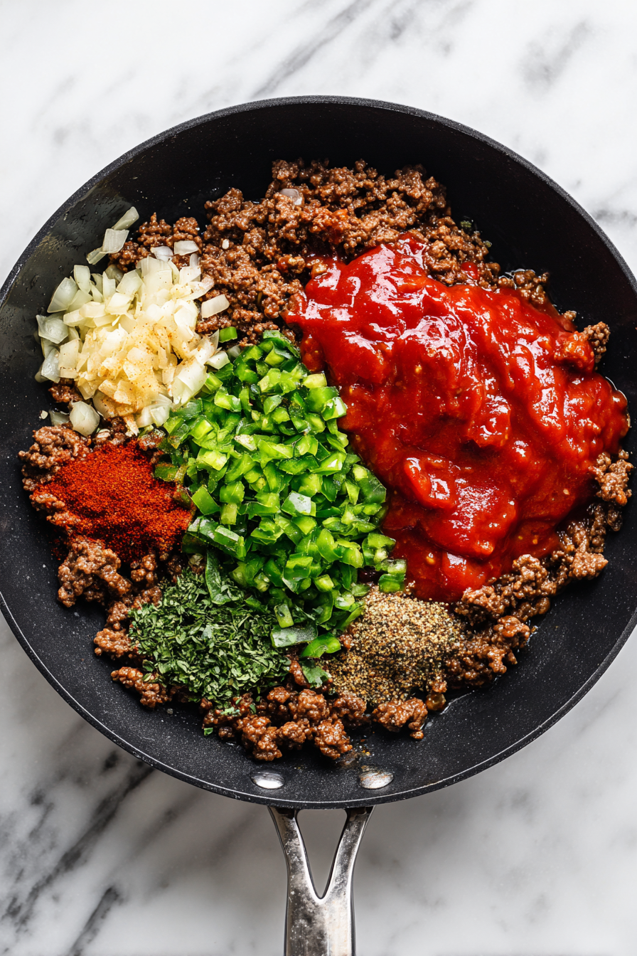 Add jalapeños, chipotle powder, paprika, salt, cumin, black pepper, salsa, and enchilada sauce. Let it simmer.