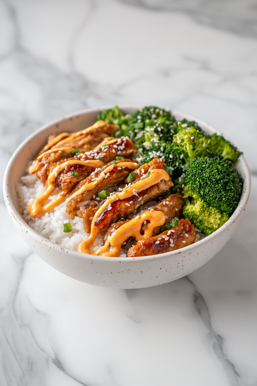Assemble bowls with rice, chicken, broccoli, drizzle spicy mayo, and top with sesame seeds.