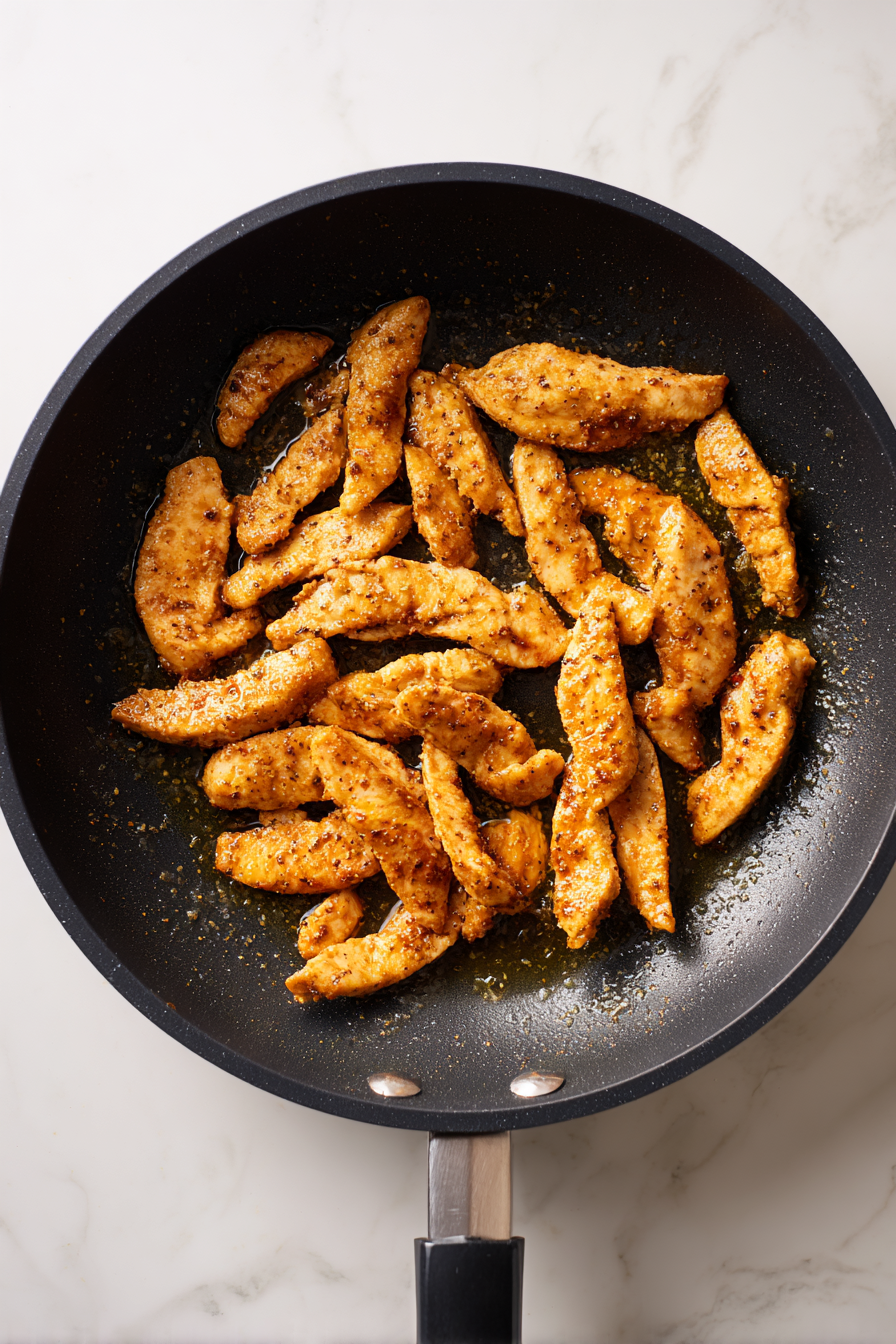 Heat oil in a skillet, add chicken, and cook until golden and fully cooked through.