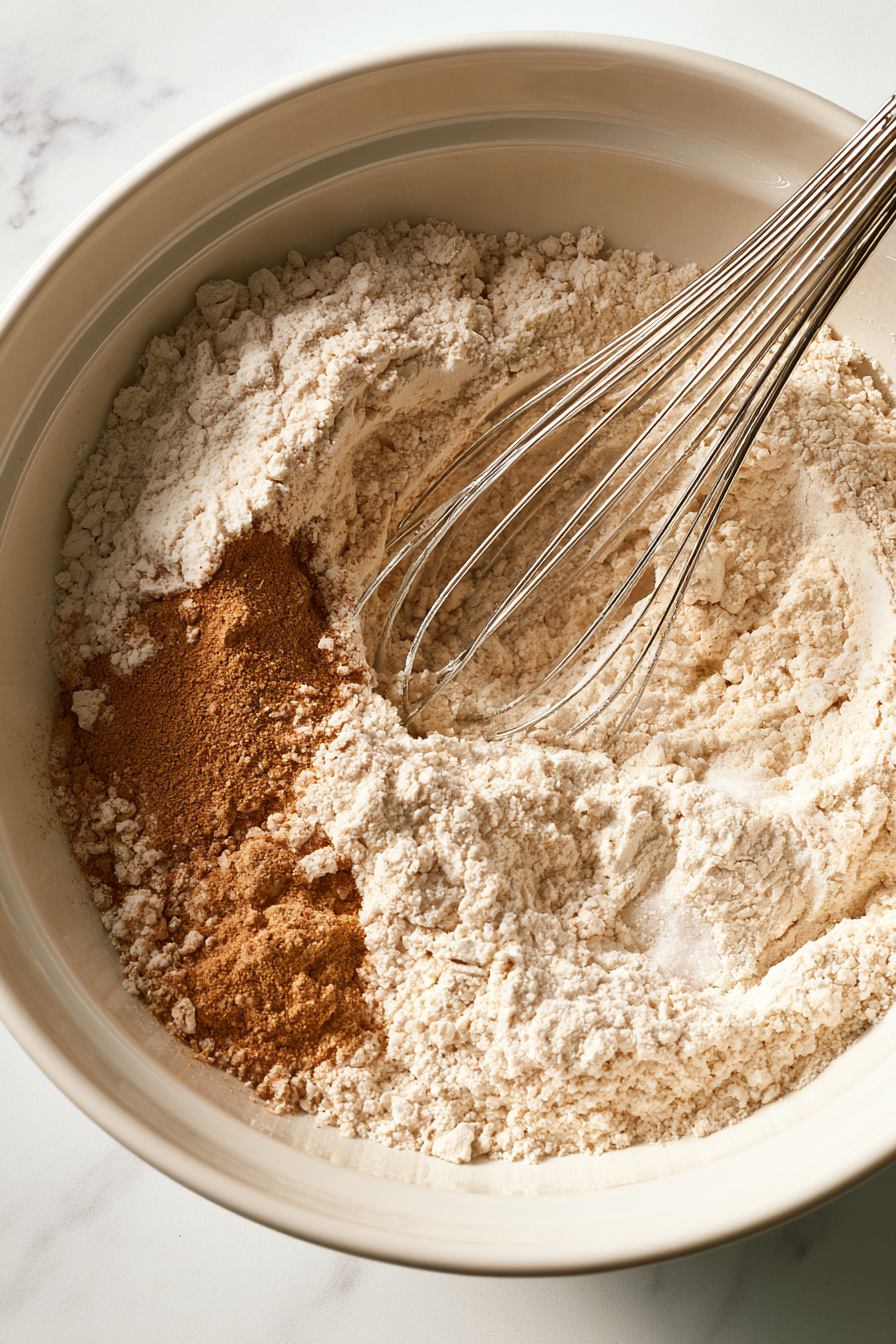 In a separate bowl, sift together the flour, cinnamon, ginger, allspice, the secret spice, baking powder, and salt
