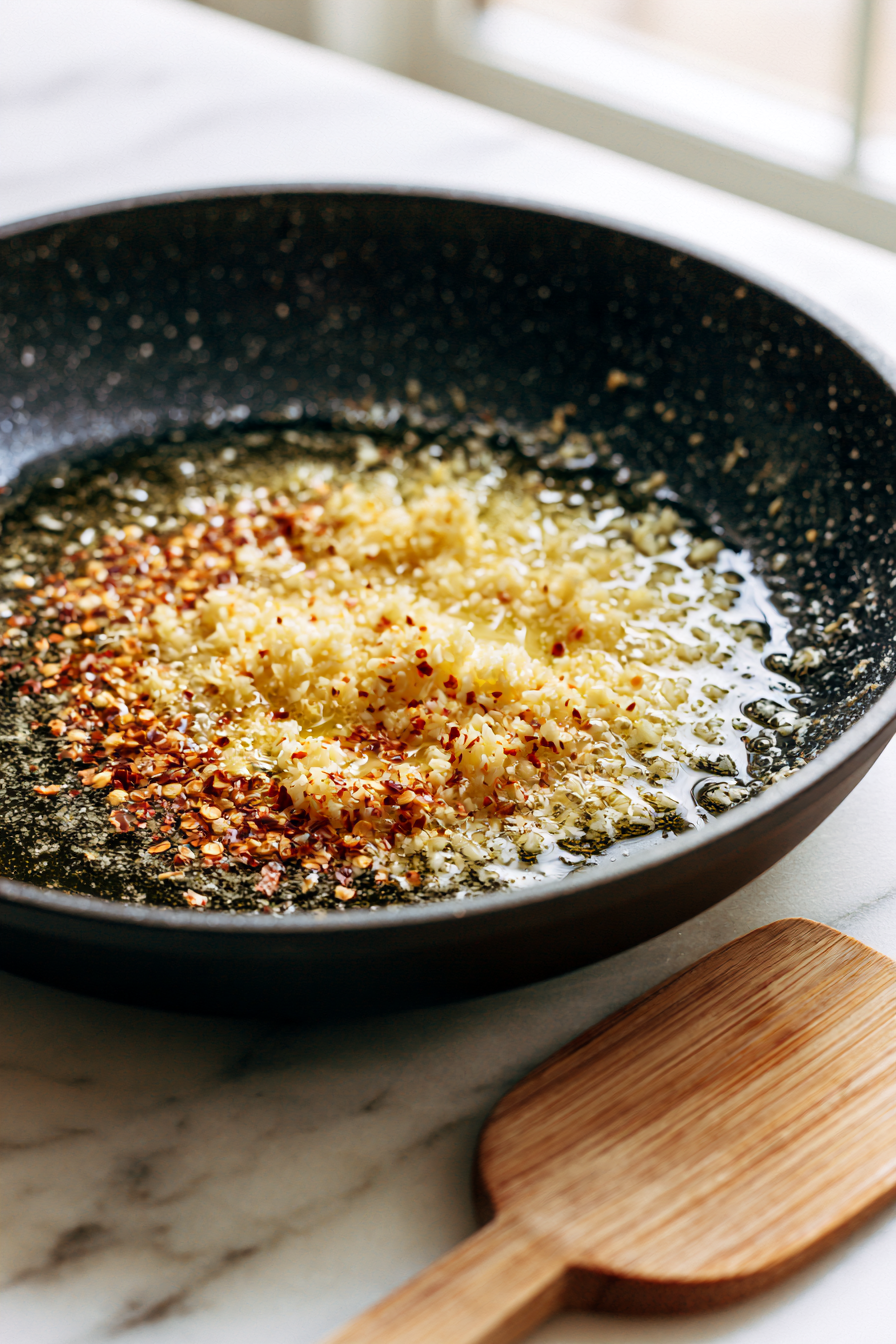 In a skillet, melt butter over medium heat. Add garlic and red pepper flakes