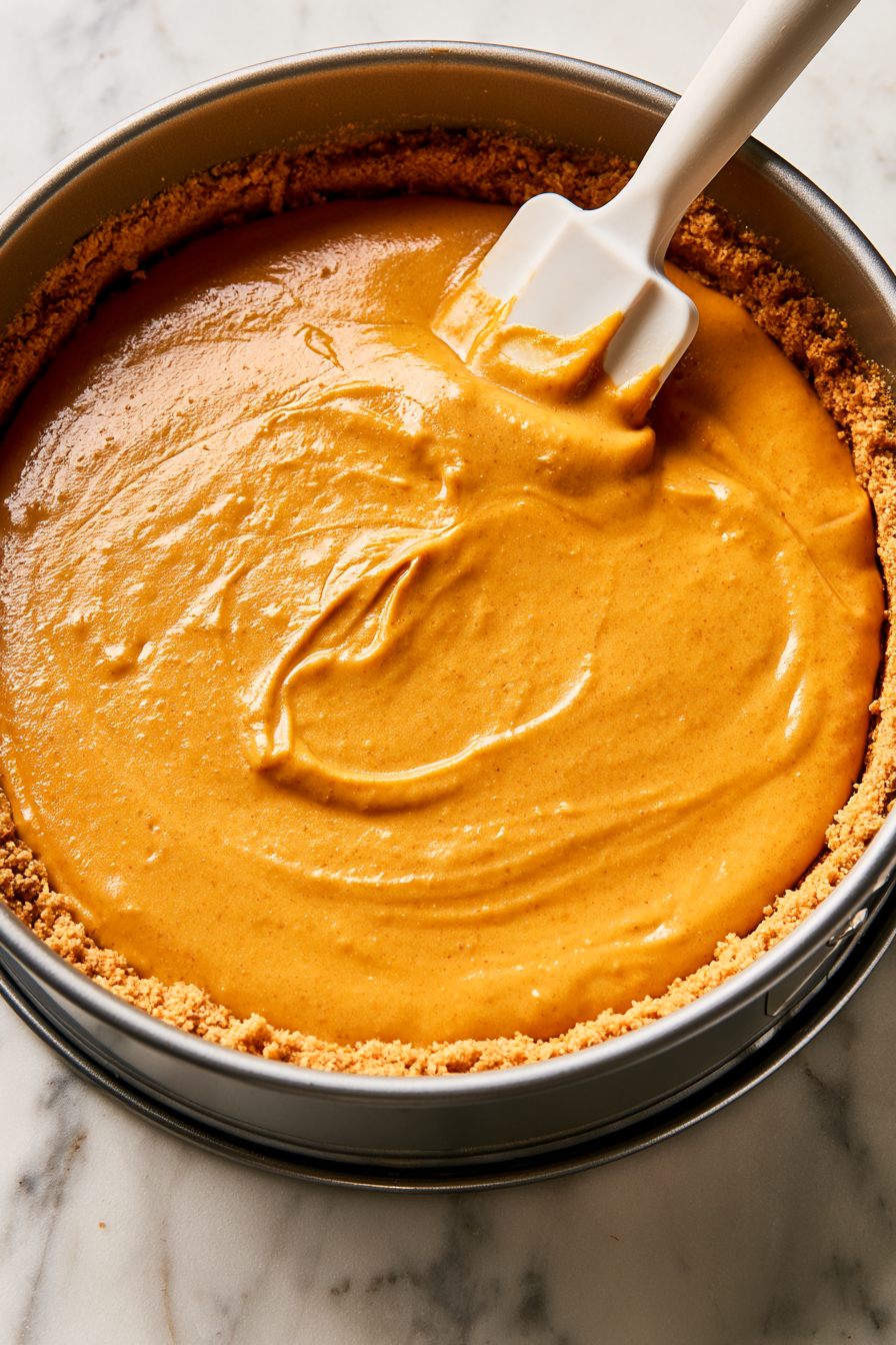 Pour the filling over the chilled crust and smooth the top with a spatula. Place the springform pan on a baking sheet to catch any drips