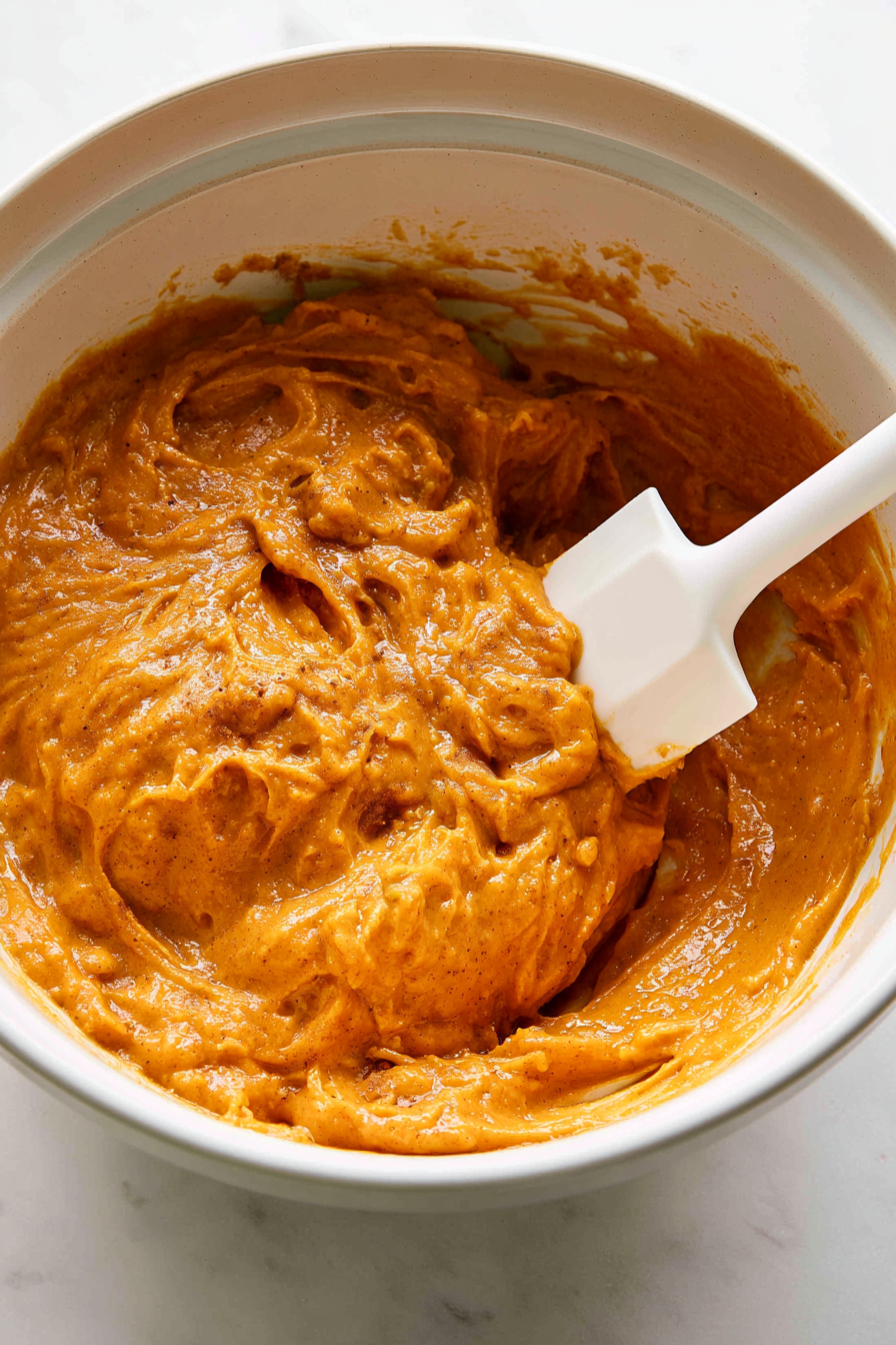 Pour the wet mixture into the dry ingredients, then gently fold everything together with a spatula until just combined. The batter will be thick but moist, with no streaks of flour remaining.