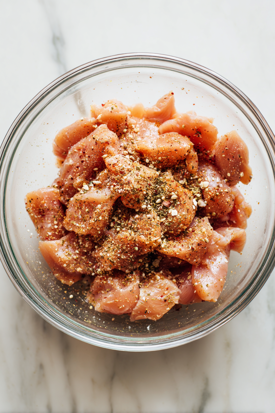 Slice chicken breasts into strips and season with salt, pepper, paprika, chili powder, onion powder, and oregano.