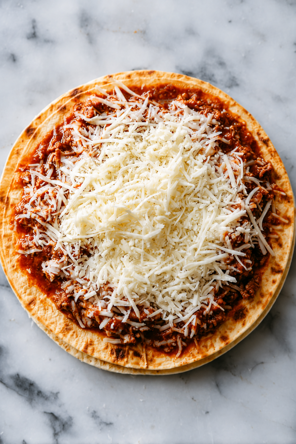 Spoon enchilada sauce over the top tortillas and sprinkle with shredded cheese