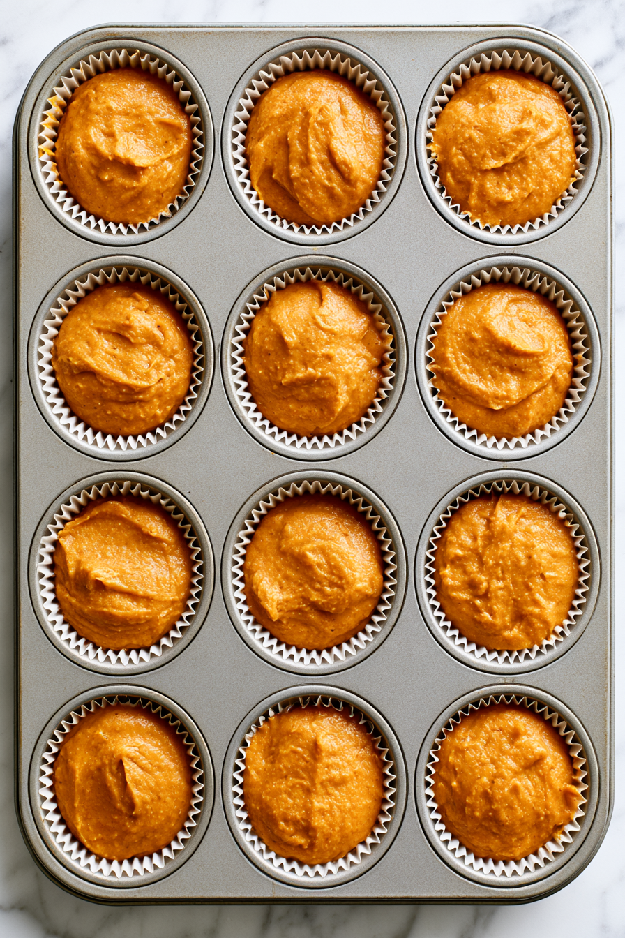 Spoon the batter into the prepared muffin tin, filling each cup about three-quarters full
