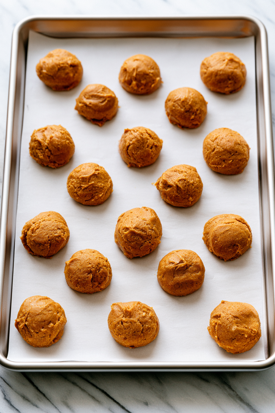 Using a tablespoon or cookie scoop, portion out the chilled dough and gently shape into balls