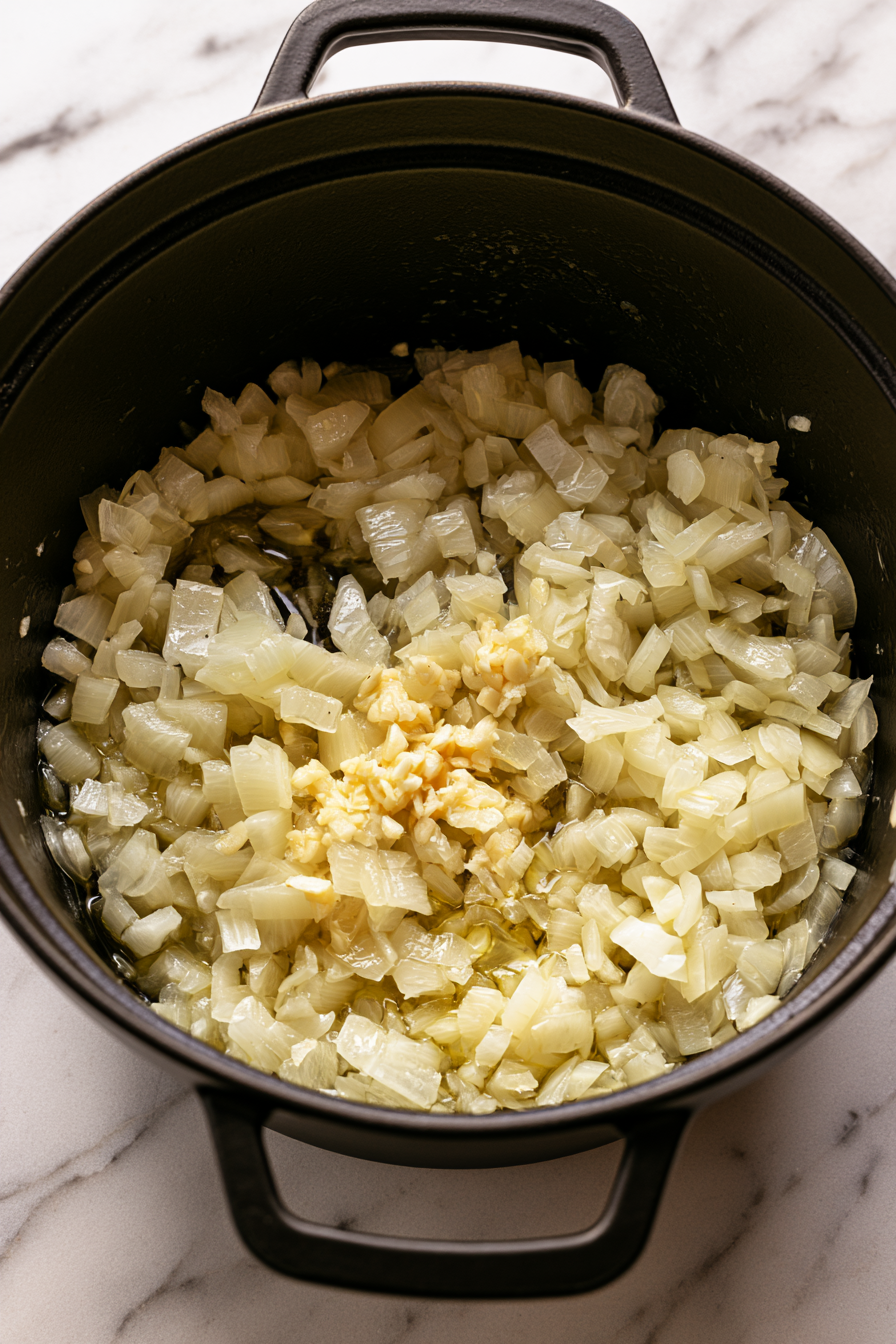 Add a touch of oil if needed, then sauté the chopped onion until it becomes translucent and soft, about 5 minutes
