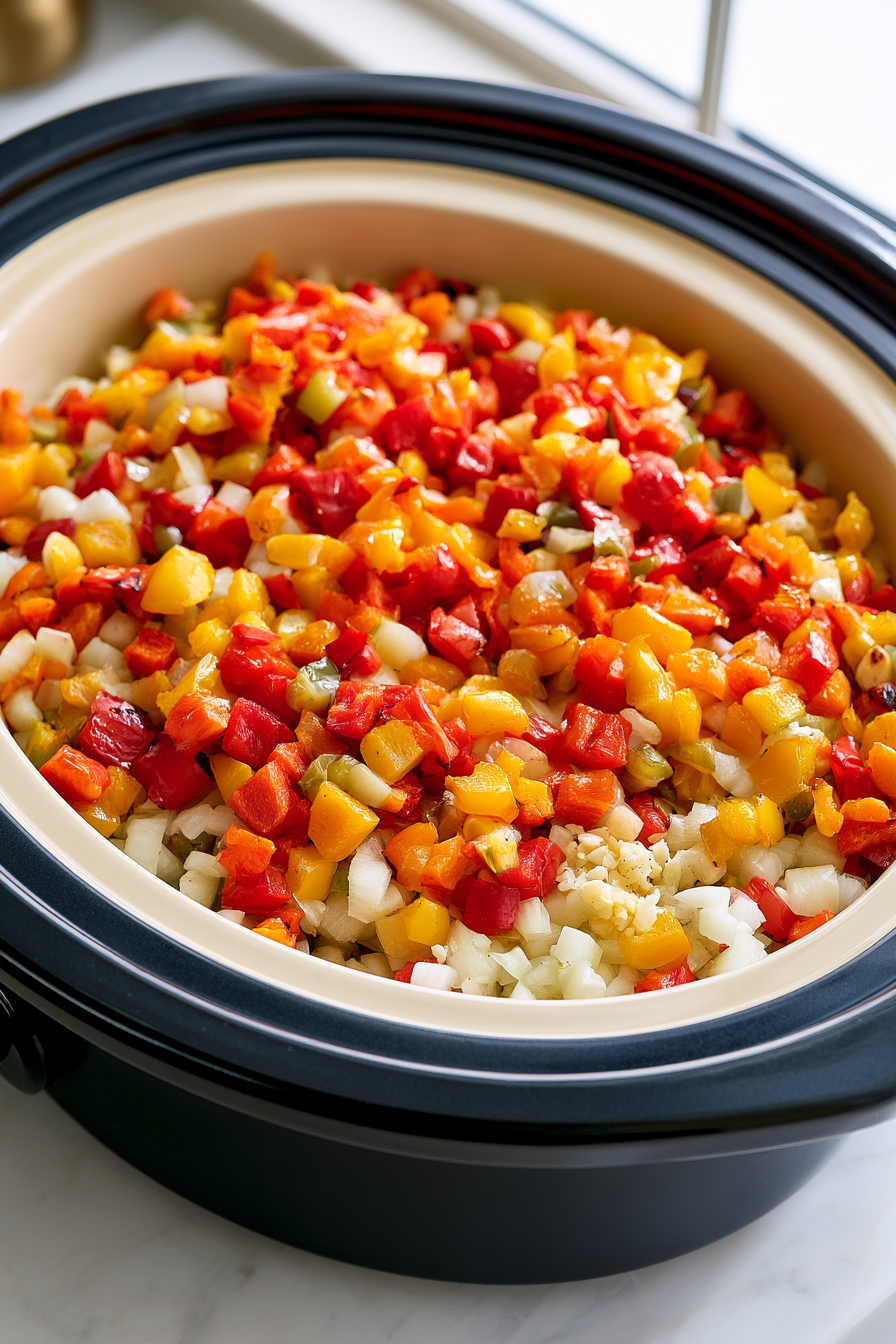 Add roasted, chopped bell peppers into the crockpot, distributing them with the onion and garlic