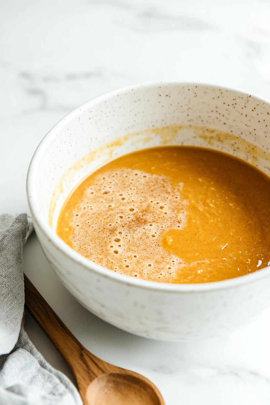Add the eggs, mashed pumpkin, almond milk, and maple syrup to the dry mixture