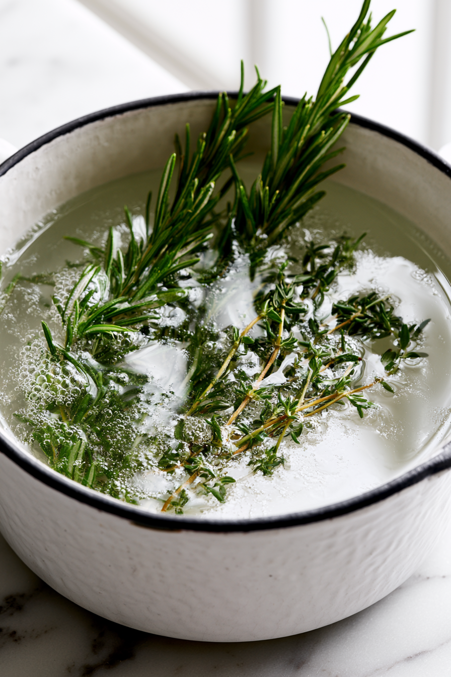 Add the fresh rosemary sprigs and thyme to the water. Watch as they start to release their fragrant oils